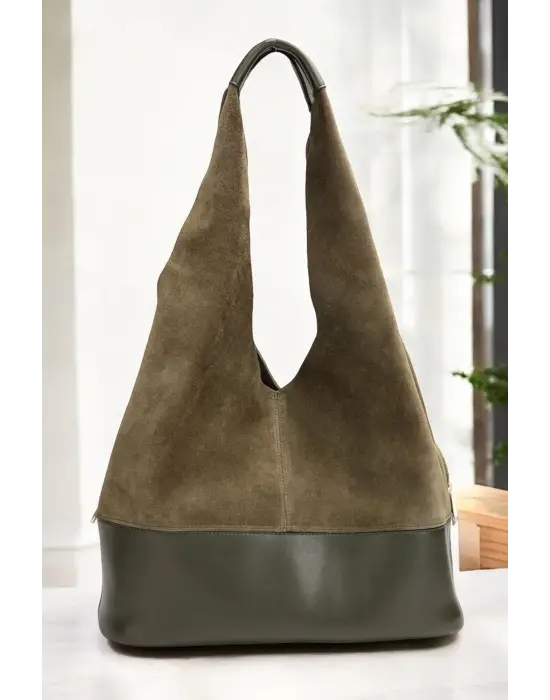 Hakiki Süet Salaş Kadın Haki Omuz Çantası