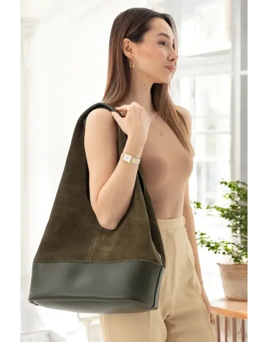 Hakiki Süet Salaş Kadın Haki Omuz Çantası