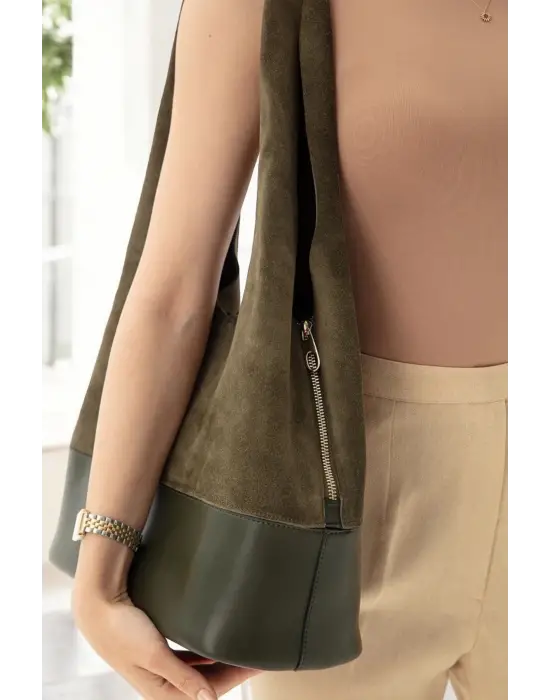 Hakiki Süet Salaş Kadın Haki Omuz Çantası