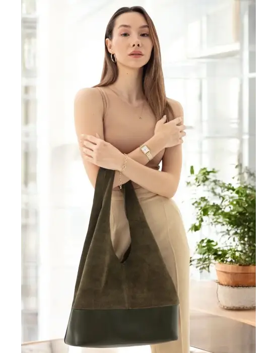 Hakiki Süet Salaş Kadın Haki Omuz Çantası