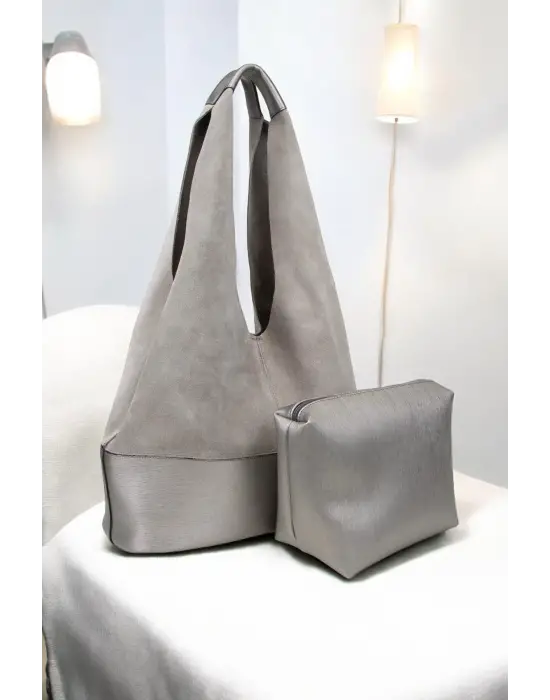 Hakiki Süet Salaş Kadın Gri Omuz Çantası