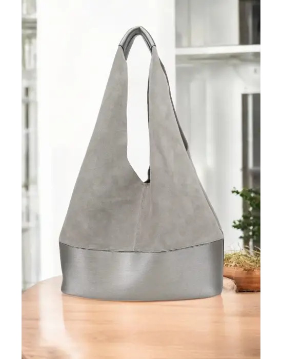 Hakiki Süet Salaş Kadın Gri Omuz Çantası