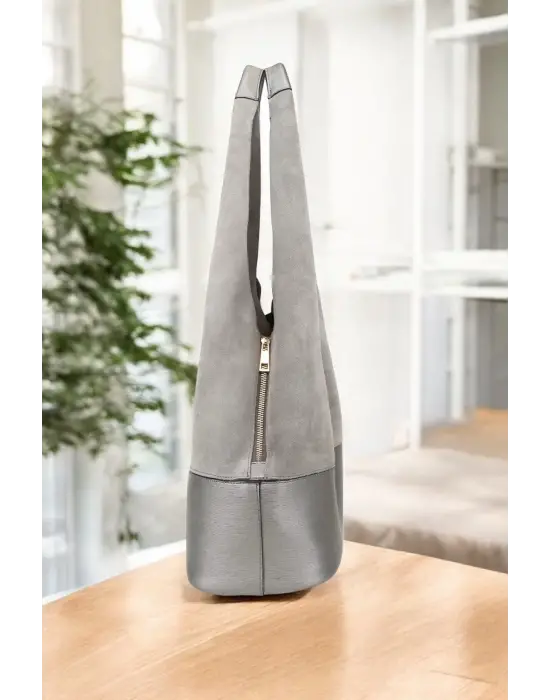 Hakiki Süet Salaş Kadın Gri Omuz Çantası
