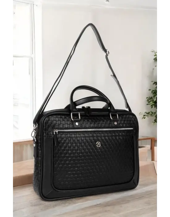 Hasır Desenli 14-15.6 inç Unisex Ofis Siyah Evrak Laptop Çantası