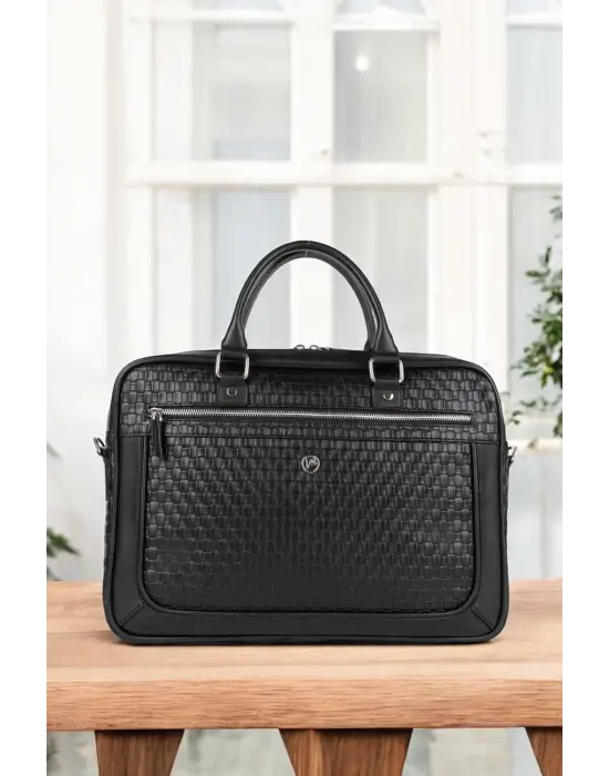 Hasır Desenli 14-15.6 inç Unisex Ofis Siyah Evrak Laptop Çantası