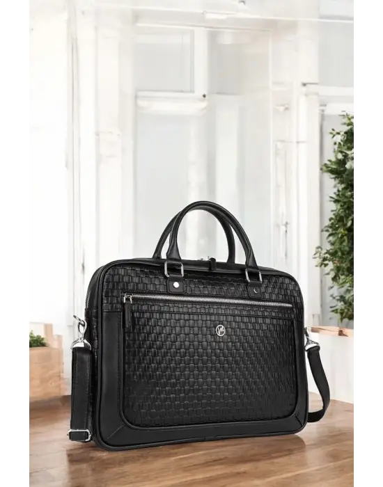 Hasır Desenli 14-15.6 inç Unisex Ofis Siyah Evrak Laptop Çantası
