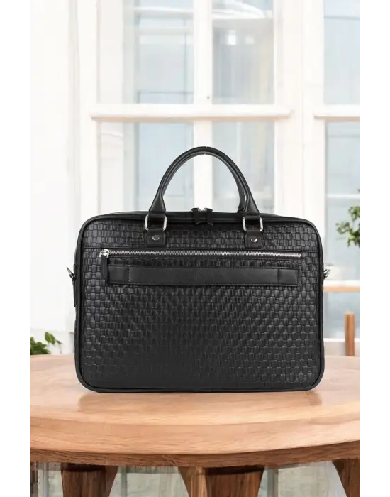 Hasır Desenli 14-15.6 inç Unisex Ofis Siyah Evrak Laptop Çantası