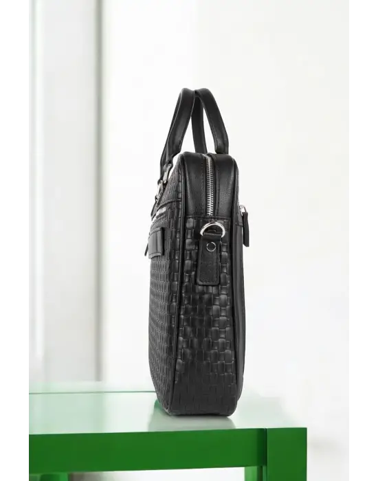 Hasır Desenli 14-15.6 inç Unisex Ofis Siyah Evrak Laptop Çantası