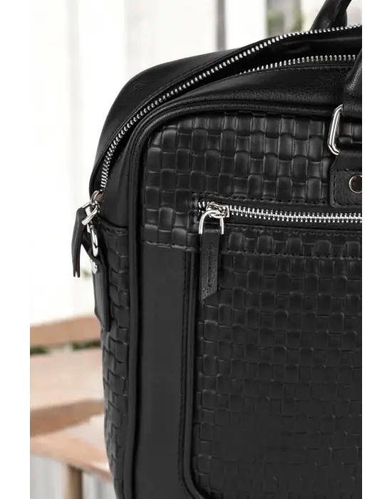 Hasır Desenli 14-15.6 inç Unisex Ofis Siyah Evrak Laptop Çantası