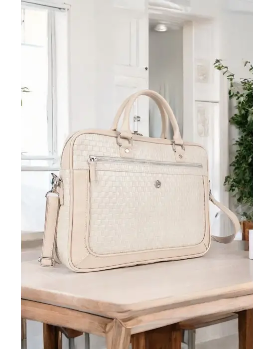 Hasır Desenli 14-15.6 inç Unisex Ofis Bej Evrak Laptop Çantası