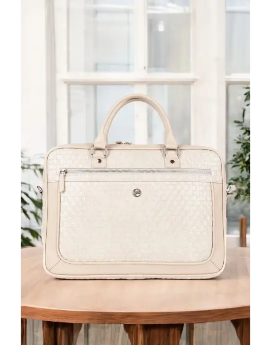 Hasır Desenli 14-15.6 inç Unisex Ofis Bej Evrak Laptop Çantası