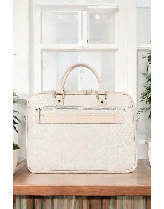 Hasır Desenli 14-15.6 inç Unisex Ofis Bej Evrak Laptop Çantası