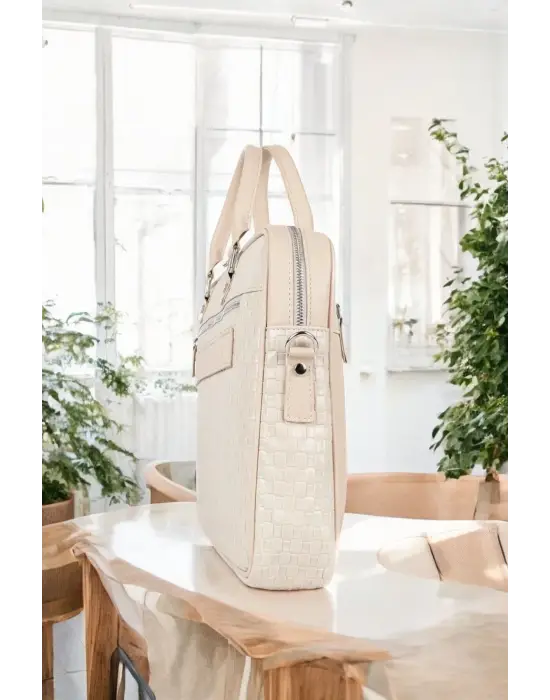 Hasır Desenli 14-15.6 inç Unisex Ofis Bej Evrak Laptop Çantası