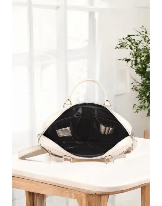 Hasır Desenli 14-15.6 inç Unisex Ofis Bej Evrak Laptop Çantası