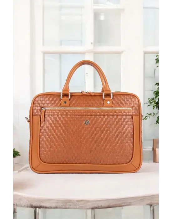 Hasır Desenli 14-15.6 inç Unisex Ofis Taba Evrak Laptop Çantası