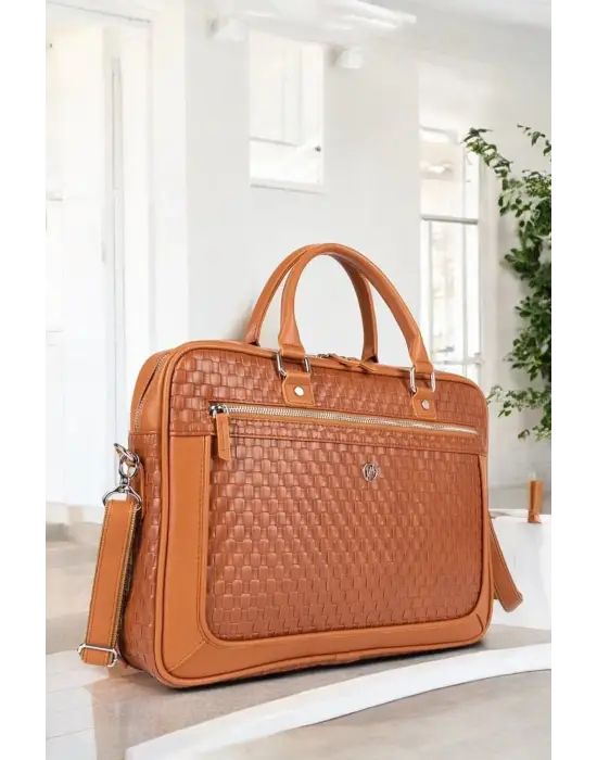 Hasır Desenli 14-15.6 inç Unisex Ofis Taba Evrak Laptop Çantası