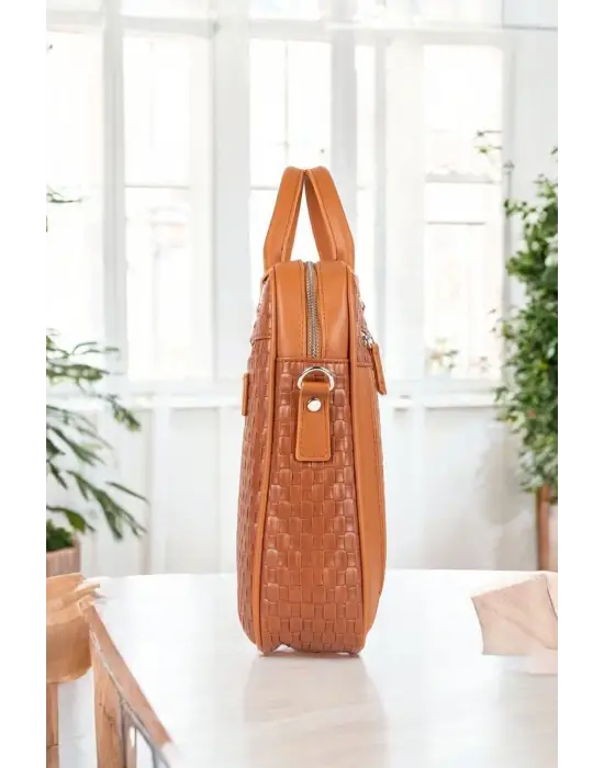 Hasır Desenli 14-15.6 inç Unisex Ofis Taba Evrak Laptop Çantası