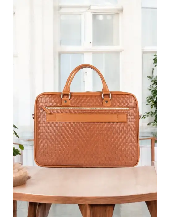 Hasır Desenli 14-15.6 inç Unisex Ofis Taba Evrak Laptop Çantası