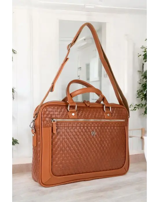 Hasır Desenli 14-15.6 inç Unisex Ofis Taba Evrak Laptop Çantası