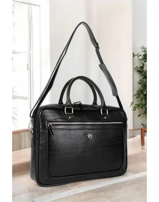 Hasır Desenli 14-15.6 inç Unisex Ofis Kroko Siyah Evrak Laptop Çantası