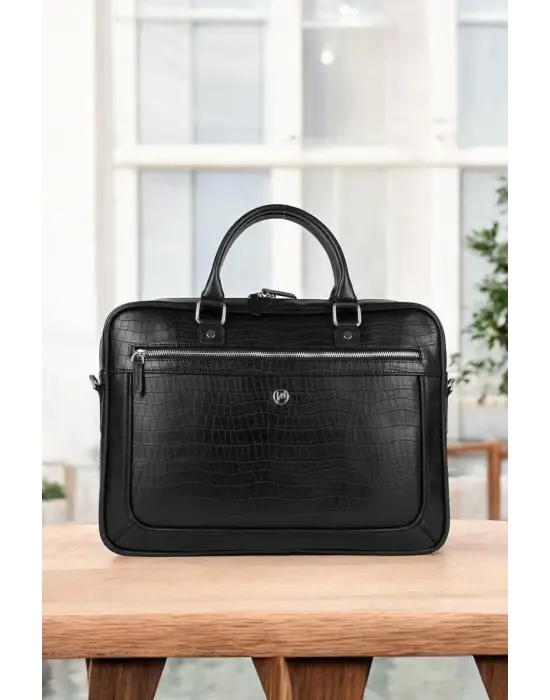 Hasır Desenli 14-15.6 inç Unisex Ofis Kroko Siyah Evrak Laptop Çantası