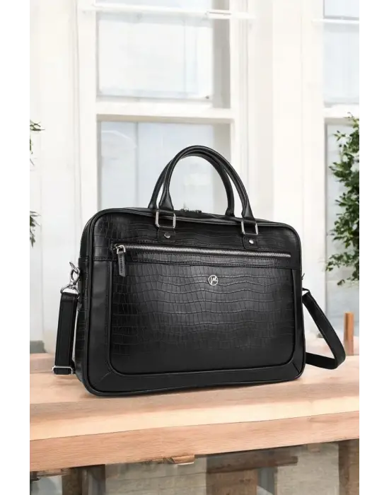 Hasır Desenli 14-15.6 inç Unisex Ofis Kroko Siyah Evrak Laptop Çantası