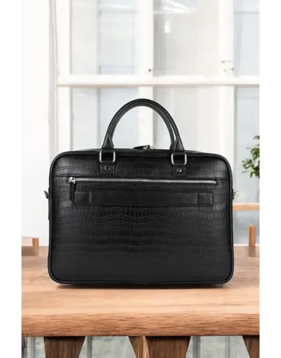 Hasır Desenli 14-15.6 inç Unisex Ofis Kroko Siyah Evrak Laptop Çantası