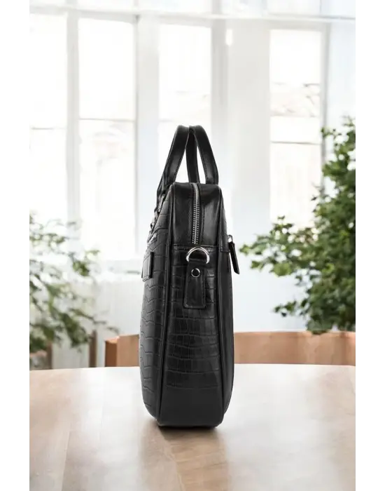 Hasır Desenli 14-15.6 inç Unisex Ofis Kroko Siyah Evrak Laptop Çantası