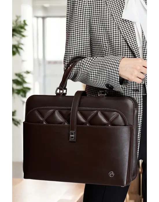 Lüx Kapitone 13, 14 15.6 Inç Ofis Kahverengi Evrak Laptop Çantası