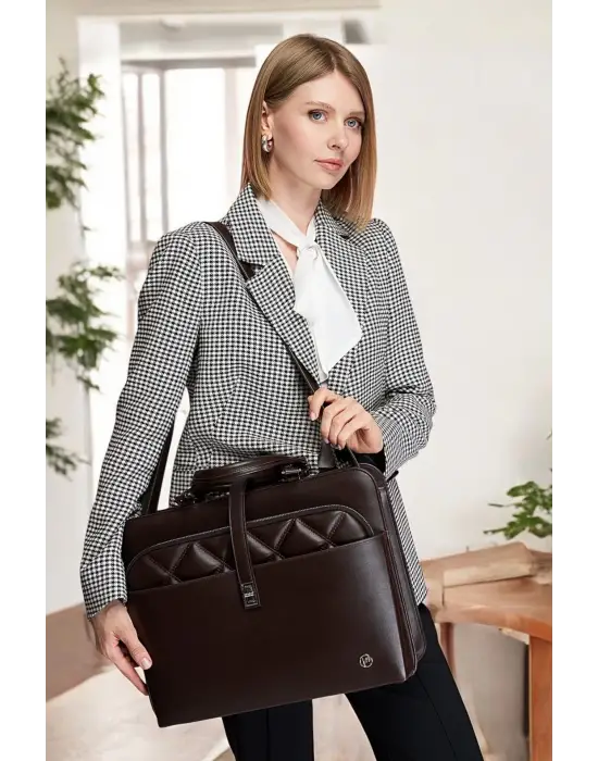 Lüx Kapitone 13, 14 15.6 Inç Ofis Kahverengi Evrak Laptop Çantası