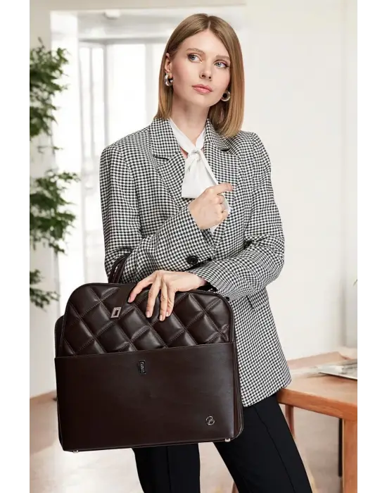 Lüx Kapitone 13, 14 15.6 Inç Ofis Kahverengi Evrak Laptop Çantası