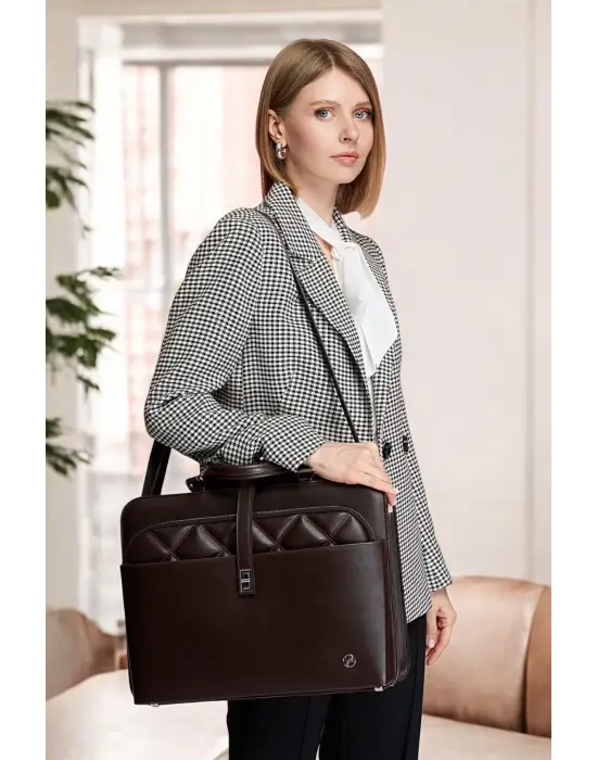 Lüx Kapitone 13, 14 15.6 Inç Ofis Kahverengi Evrak Laptop Çantası