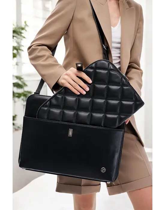 Lüx Kapitone 13, 14 15.6 Inç Ofis Siyah Evrak Laptop Çantası