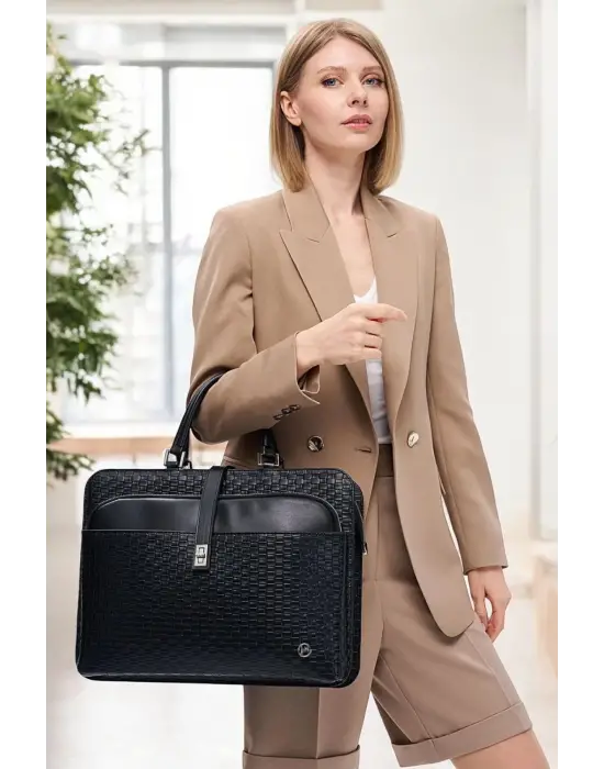 Lüx Kapitone 13, 14 15.6 Inç Ofis Hasır Siyah Evrak Laptop Çantası