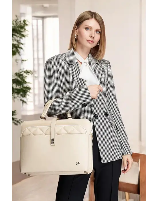 Lüx Kapitone 13, 14 15.6 Inç Ofis Ekru Evrak Laptop Çantası