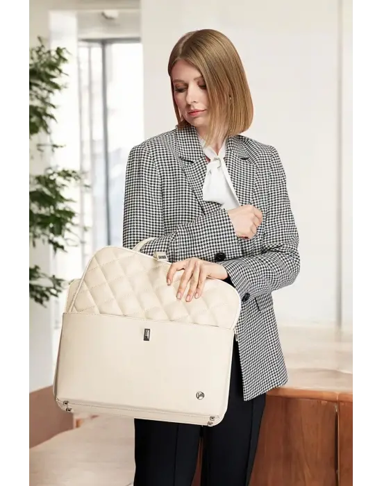 Lüx Kapitone 13, 14 15.6 Inç Ofis Ekru Evrak Laptop Çantası