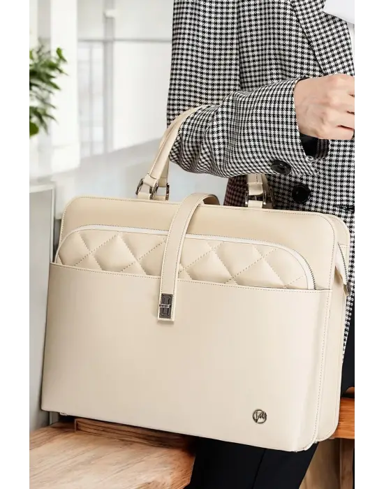 Lüx Kapitone 13, 14 15.6 Inç Ofis Ekru Evrak Laptop Çantası