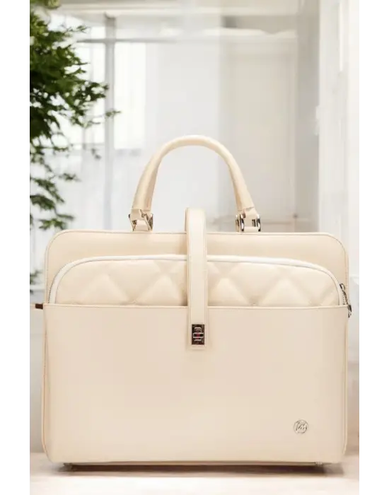 Lüx Kapitone 13, 14 15.6 Inç Ofis Ekru Evrak Laptop Çantası