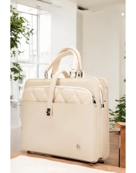 Lüx Kapitone 13, 14 15.6 Inç Ofis Ekru Evrak Laptop Çantası