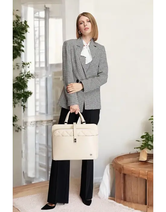 Lüx Kapitone 13, 14 15.6 Inç Ofis Ekru Evrak Laptop Çantası