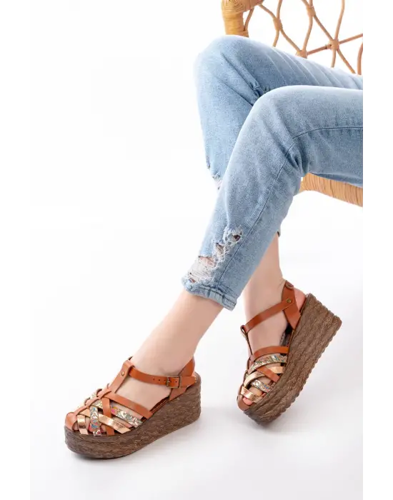 684-02 Taba Garni Ortopedik Hakiki Deri Dolgu Kadın Sandalet