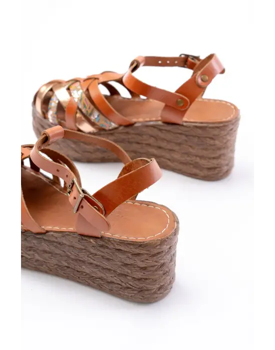 684-02 Taba Garni Ortopedik Hakiki Deri Dolgu Kadın Sandalet