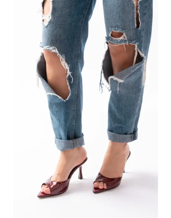 716 Bordo Rugan Sivri Burunlu Topuklu Kadın Terlik