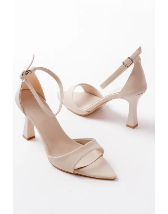 718 Bej Cilt Sivri Burunlu Topuklu Bilekten Bağlamalı Kadın Ayakkabı