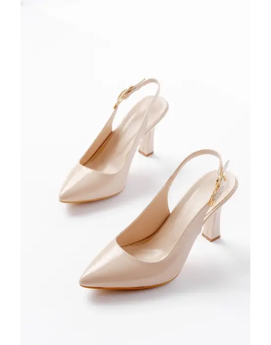 719 Bej Rugan Sivri Burunlu Toka Detaylı  Topuklu Kadın Ayakkabı