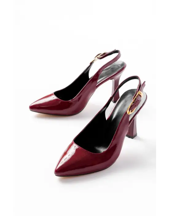 719 Bordo Rugan Sivri Burunlu Toka Detaylı  Topuklu Kadın Ayakkabı