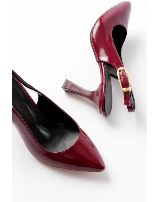 719 Bordo Rugan Sivri Burunlu Toka Detaylı  Topuklu Kadın Ayakkabı