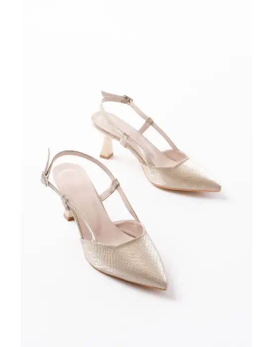 725 Gold Pul Desenli Sivri Burunlu  Topuklu Kadın Ayakkabı