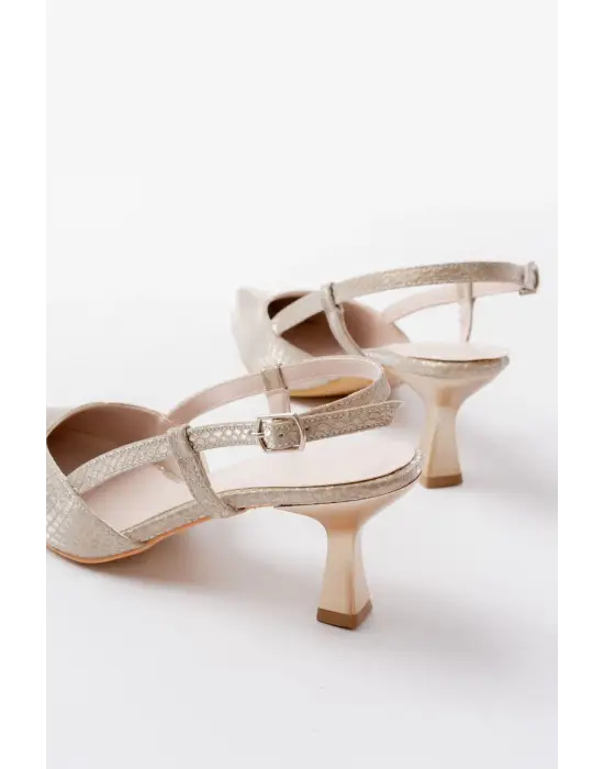 725 Gold Pul Desenli Sivri Burunlu  Topuklu Kadın Ayakkabı