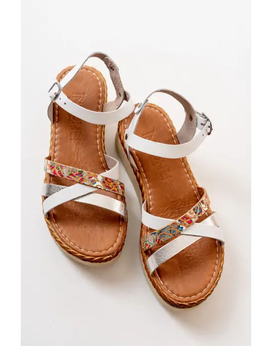 Beyaz Multi Ortopedik Hakiki Deri Dolgu Kadın Sandalet